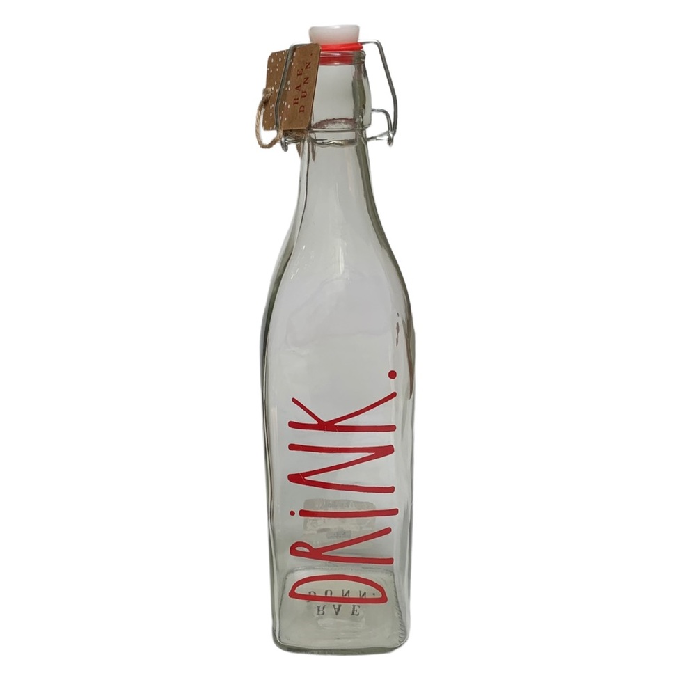 Rae Dunn DRINK Clear Glass Bottle Bail & Trigger Closure Red Letters NWT 2017 - Picture 1 of 11